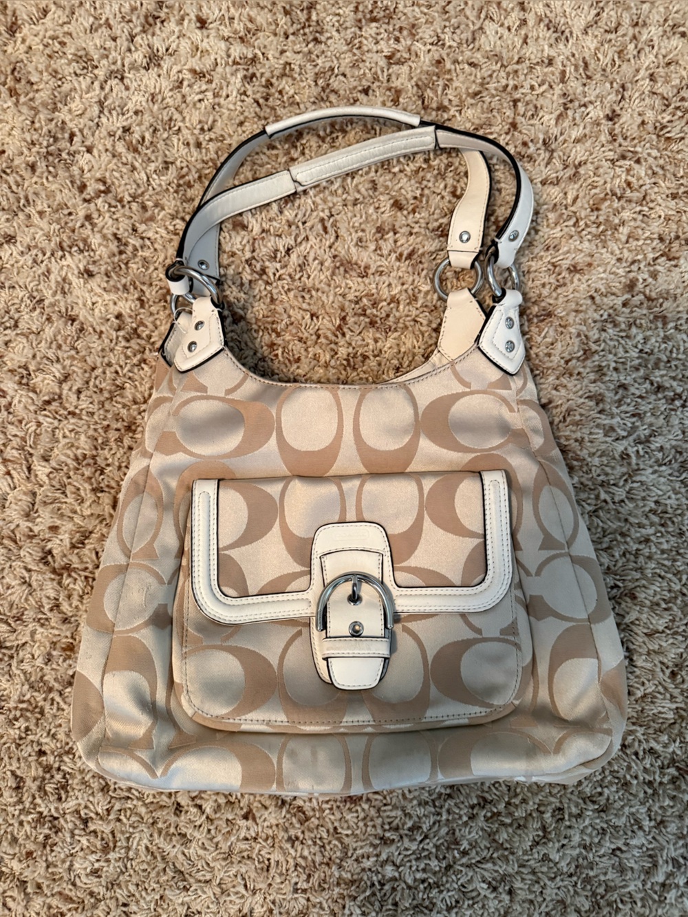 Coach Beige and White Signature Canvas Shoulder Bag